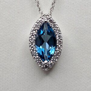 14K White Gold Diamond & Blue Topaz Necklace